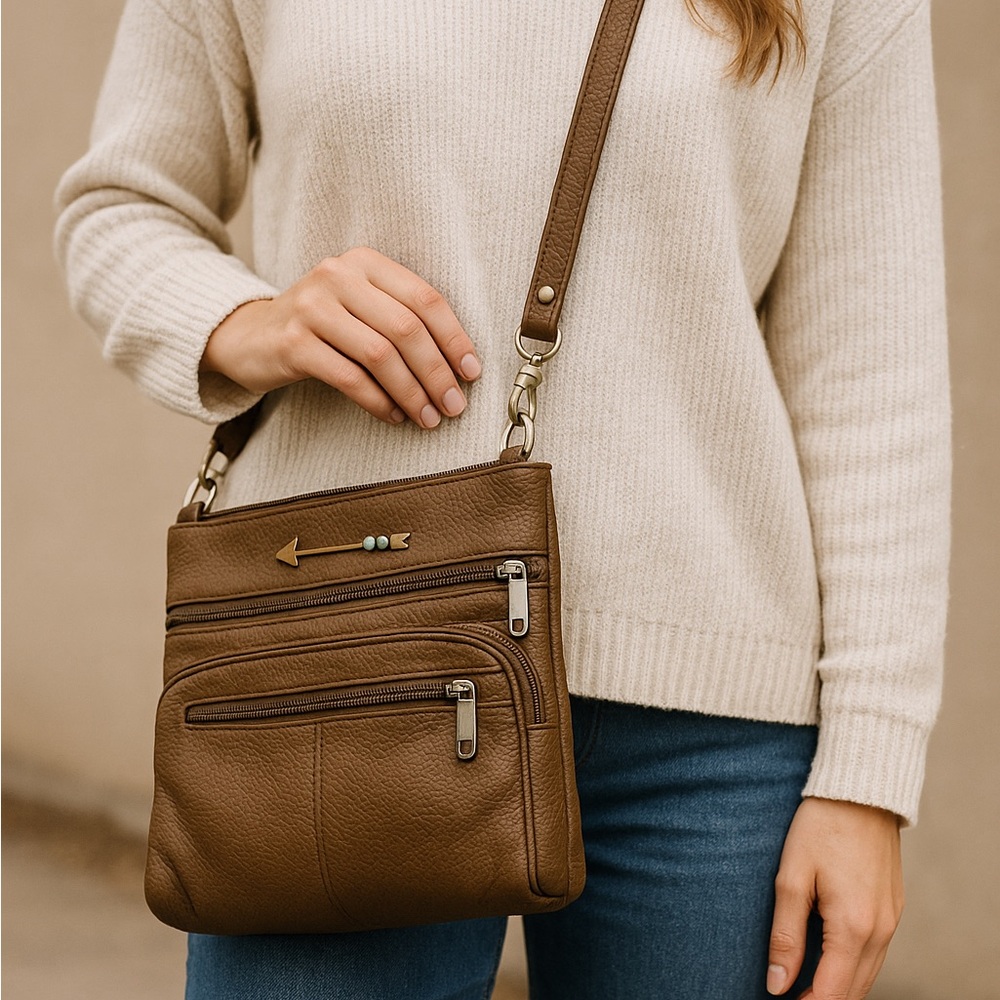 Brown Handmade Crossbody Bag Multi Zip Pockets Adjustable Strap Everyday Purse